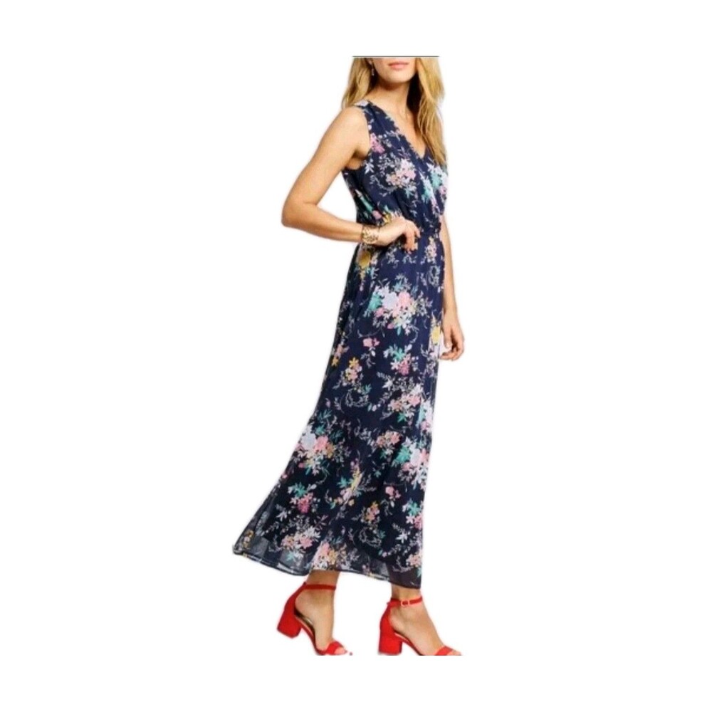 Merona Blue Flora Maxi Dress Ruffle Womens L Large Garden Party Romantic Fairy